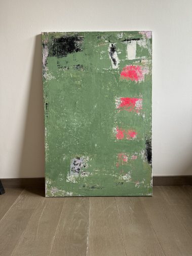 abstract painting, abstract artwork, green painting, green artwork, pink painting, pink artwork, textured art, Flavia Birsan, original painting, palette knife