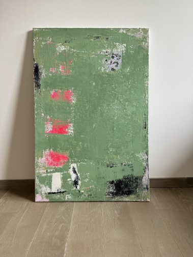 abstract painting, abstract artwork, green painting, green artwork, pink painting, pink artwork, textured art, Flavia Birsan, original painting, palette knife