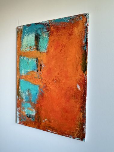 orange painting, turquoise painting, Flavia Birsan, textured painting, weathered look, abstract painting, abstract work, commissioned painting