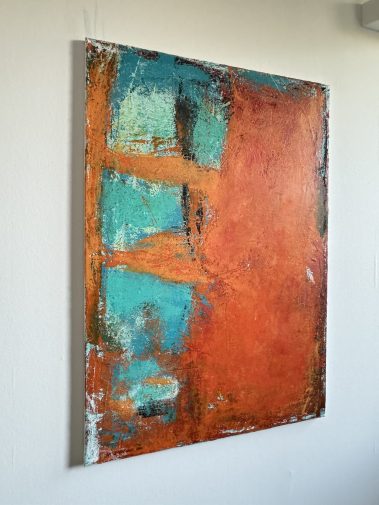 orange painting, turquoise painting, Flavia Birsan, textured painting, weathered look, abstract painting, abstract work, commissioned painting