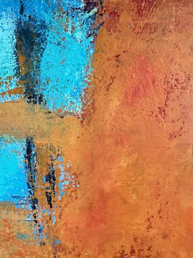 orange painting, turquoise painting, Flavia Birsan, textured painting, weathered look, abstract painting, abstract work, commissioned painting