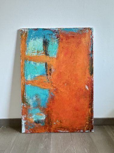 orange painting, turquoise painting, Flavia Birsan, textured painting, weathered look, abstract painting, abstract work, commissioned painting