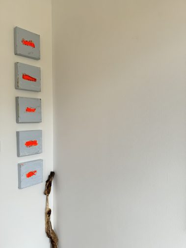 small size painting, small painting, small paintings installation, textured paintings, textured artworks, Flavia Birsan, grey paintings, orange paintings