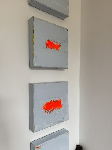 small size painting, small painting, small paintings installation, textured paintings, textured artworks, Flavia Birsan, grey paintings, orange paintings