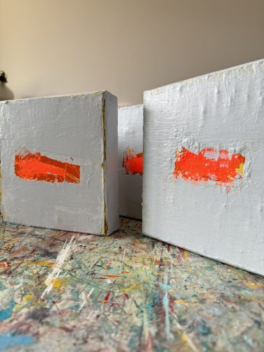 small size painting, small painting, small paintings installation, textured paintings, textured artworks, Flavia Birsan, grey paintings, orange paintings